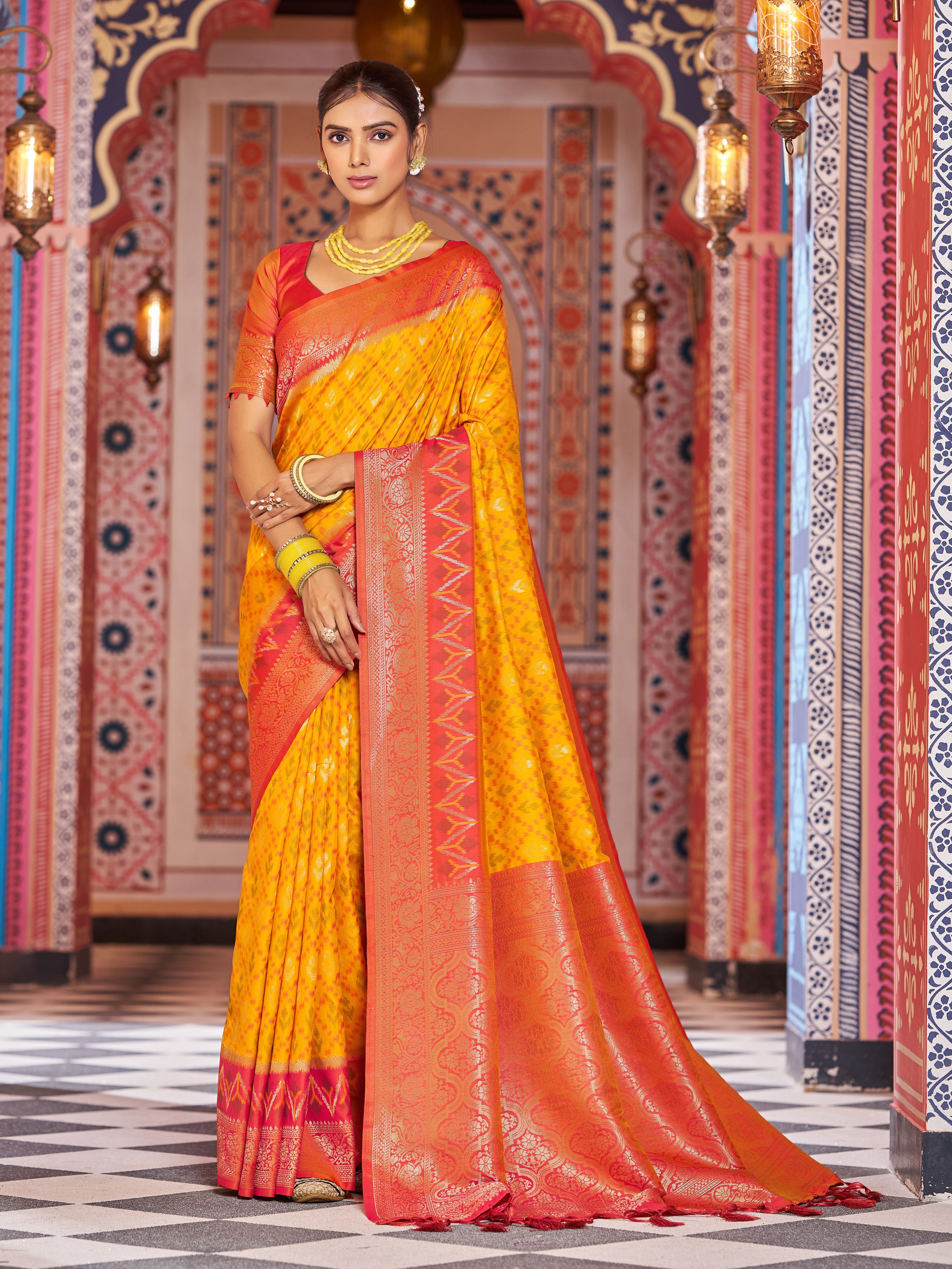 Vibrant Yellow Red Soft Silk Saree