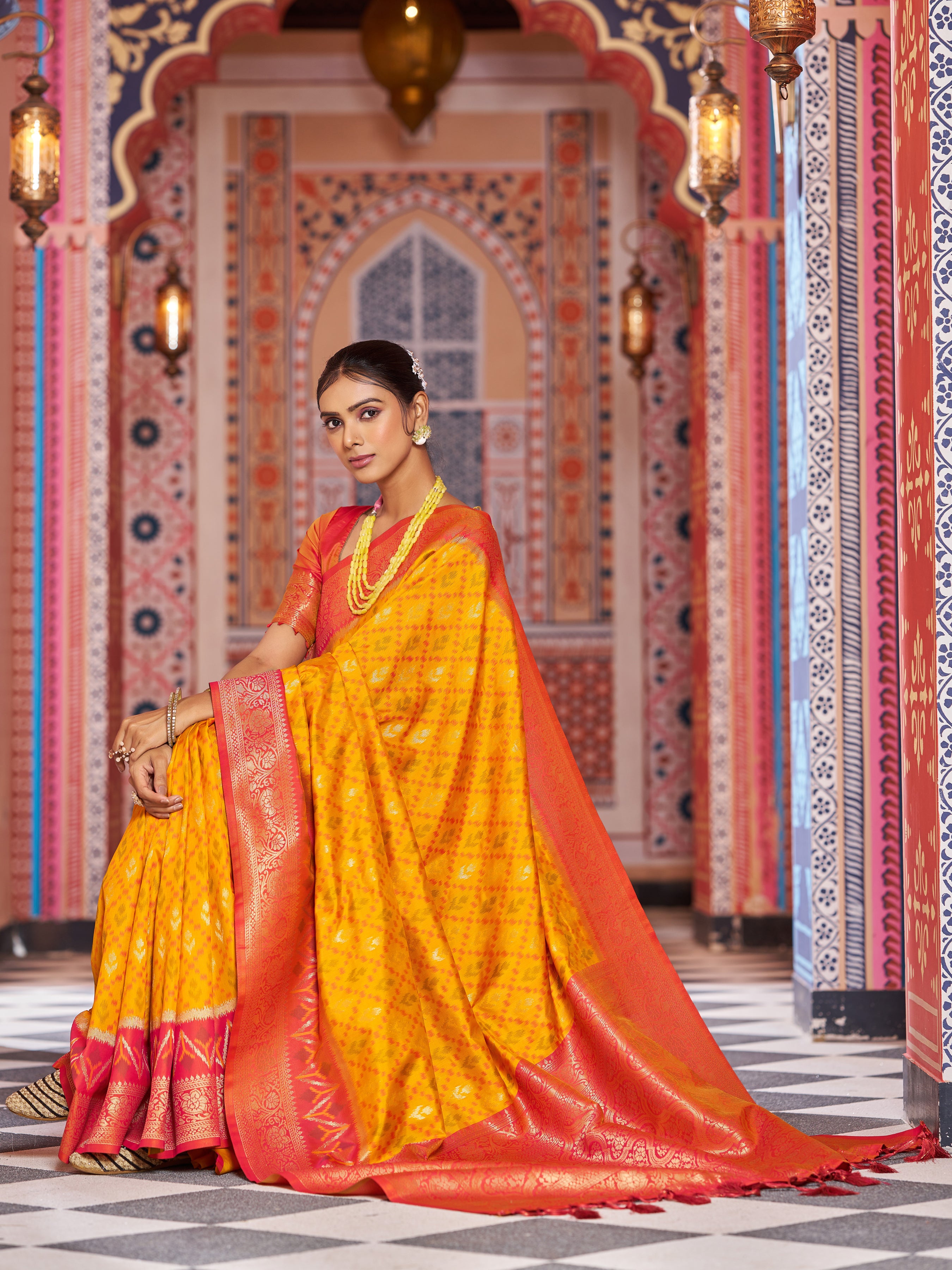 Vibrant Yellow Red Soft Silk Saree