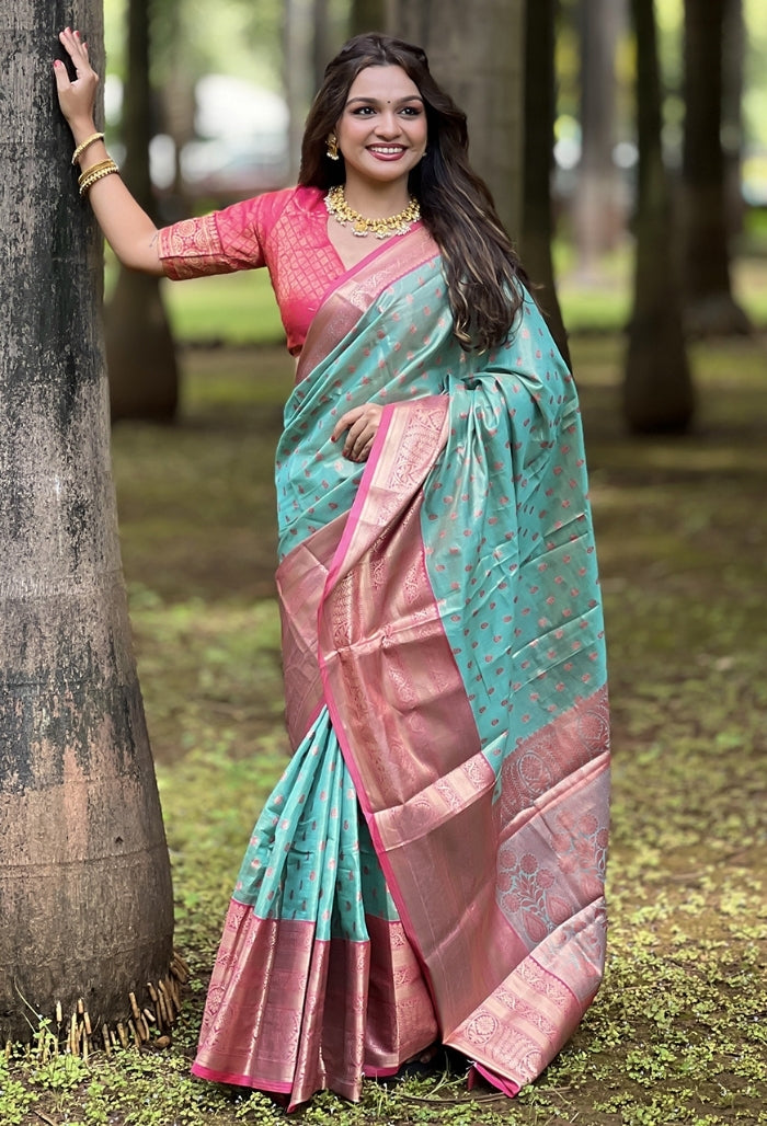 Aqua Green and Pink Kanjivaram Saree