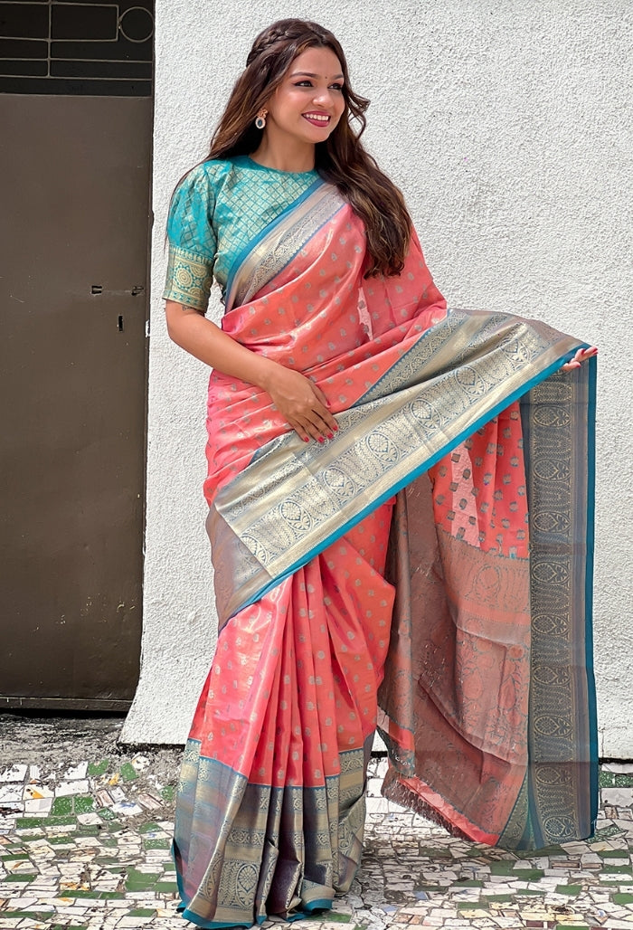 Coral Pink and Silver Kanjivaram Saree