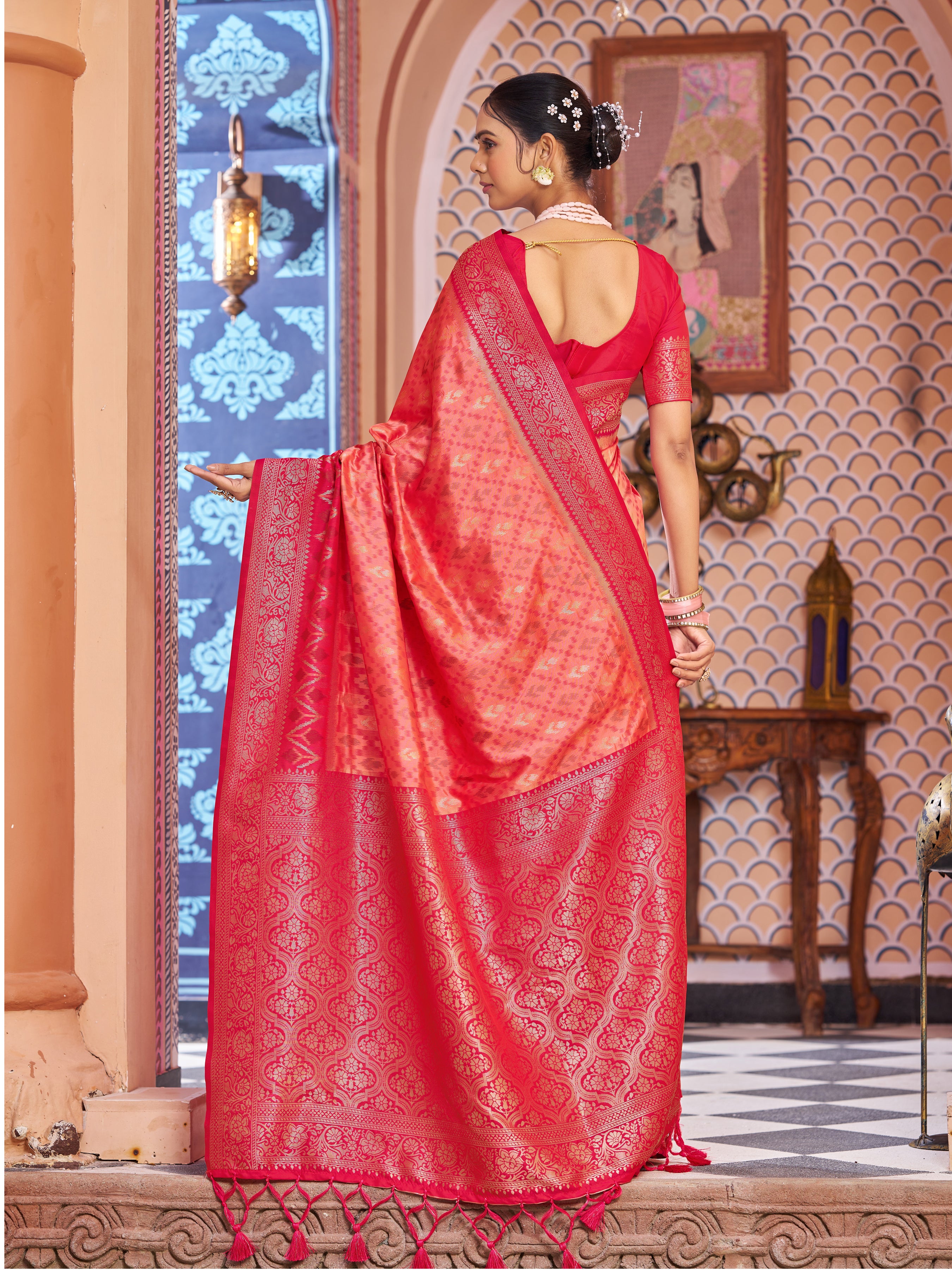 Fiery Orange Red Soft Silk Saree