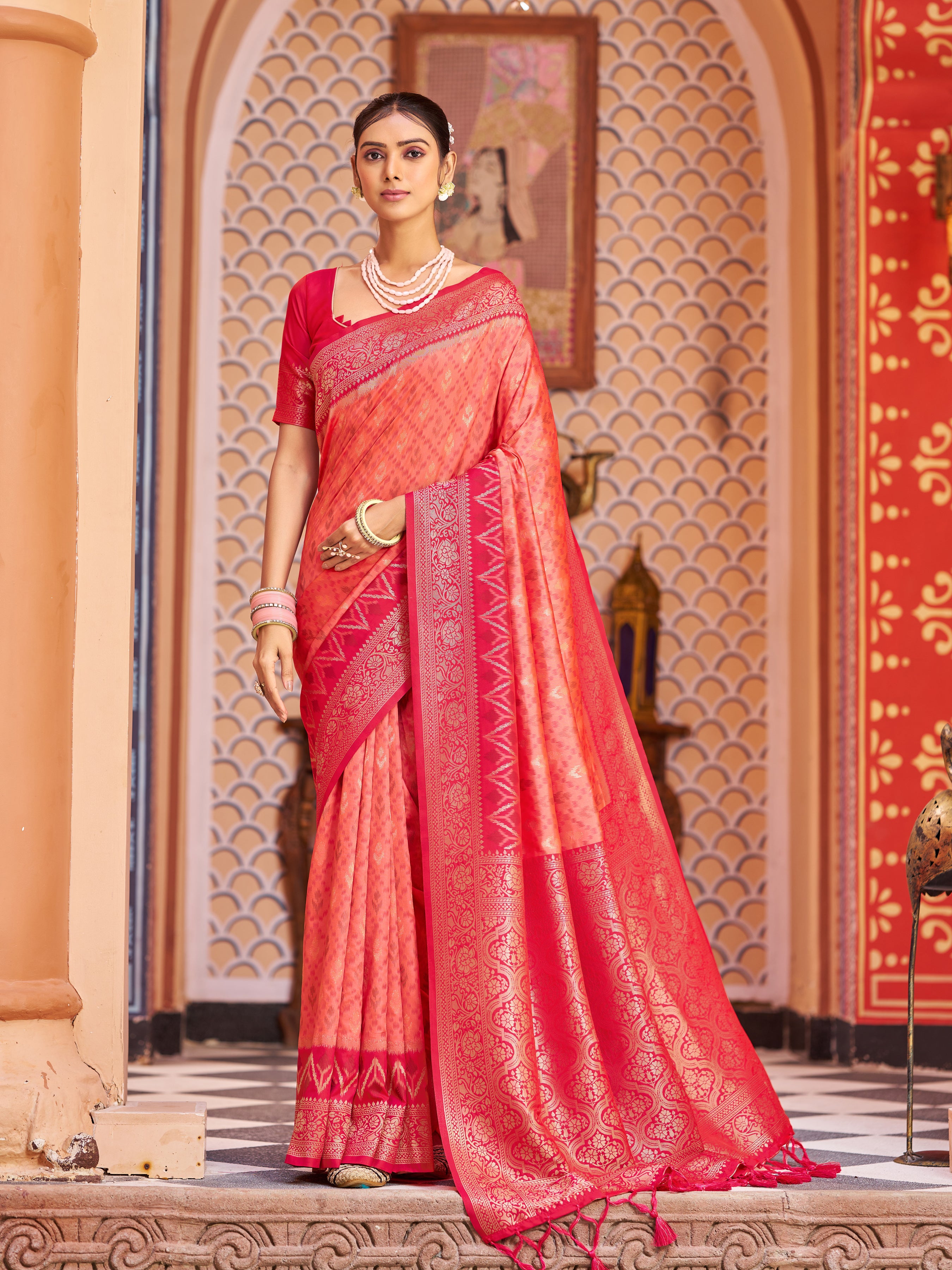 Fiery Orange Red Soft Silk Saree