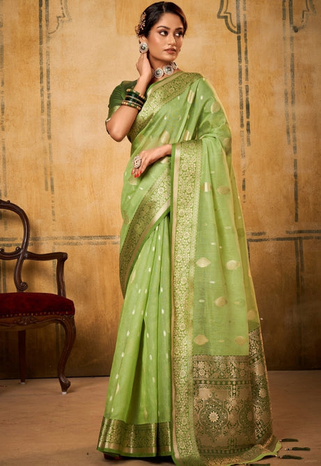 Pistachio Flame Silk Tissue Saree