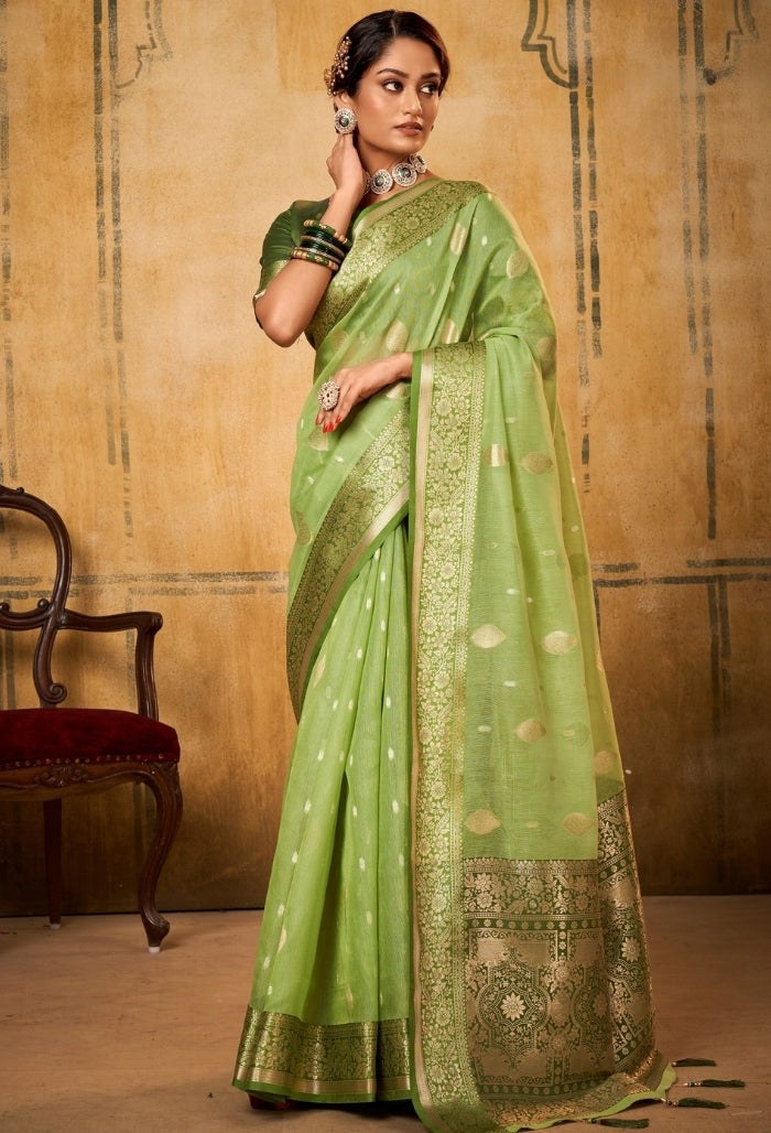 Pistachio Flame Silk Tissue Saree