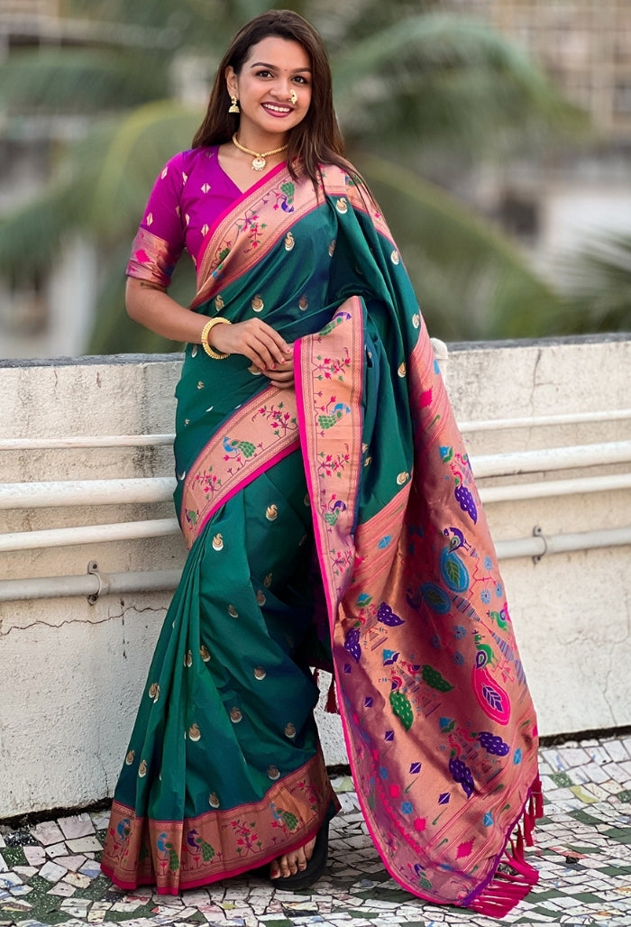 Dark Green and Pink Soft Silk  Saree