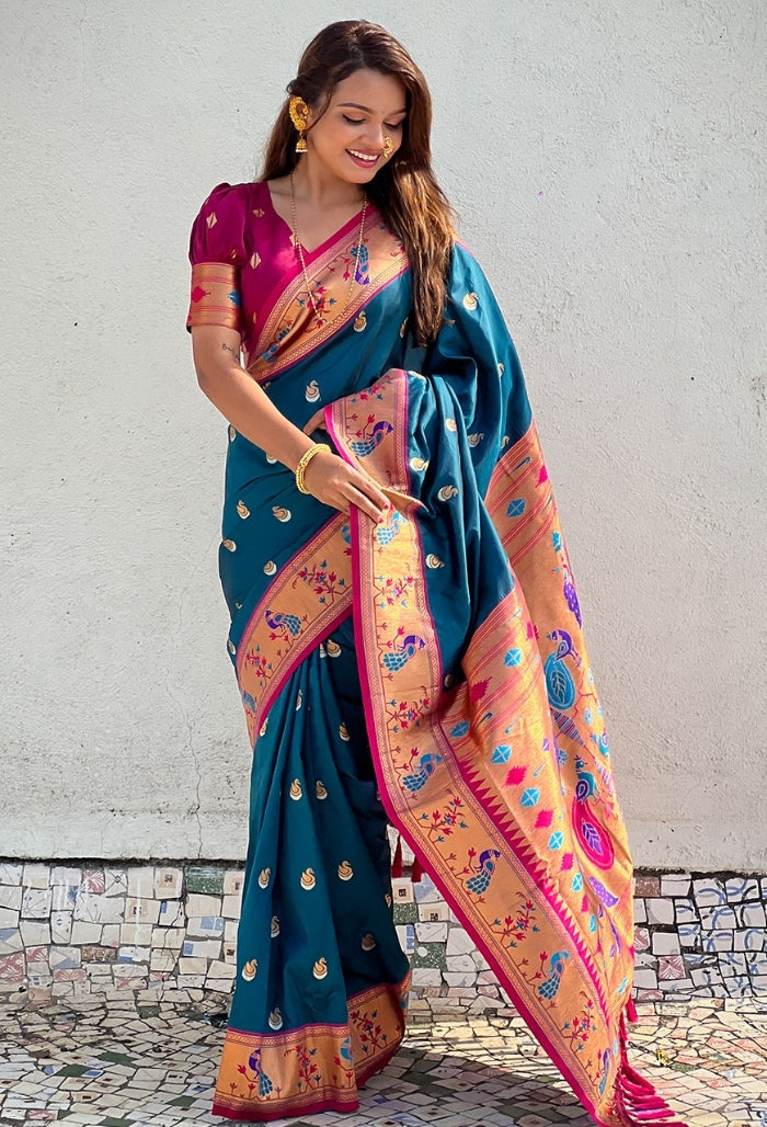 Teal Blue and Coral Pink Soft Silk Saree