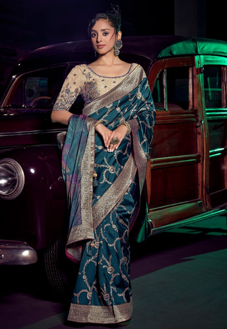 Elegant Teal Blue Pure Silk Saree