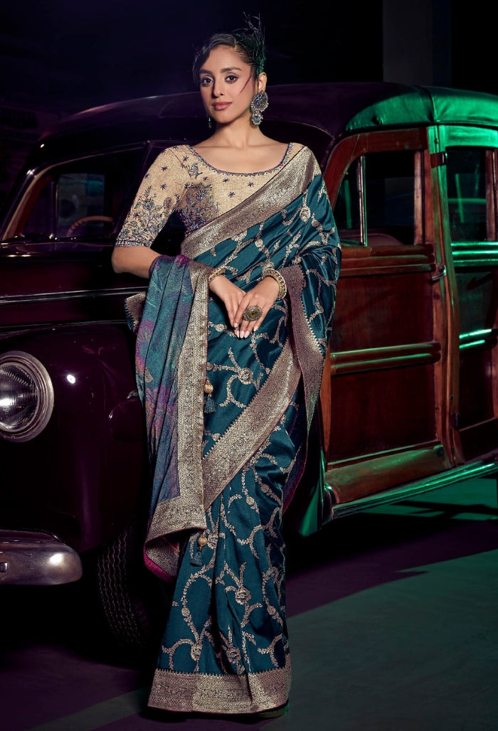 Elegant Teal Blue Pure Silk Saree