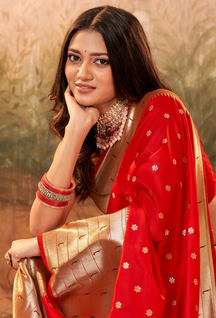 Cherry red Pure Paithani Silk saree