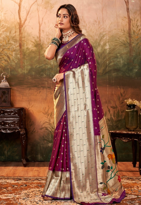 Plum purple Pure Paithani Silk saree