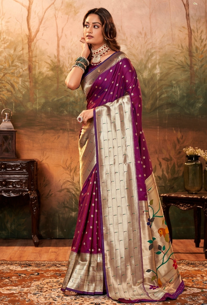 Plum purple Pure Paithani Silk saree