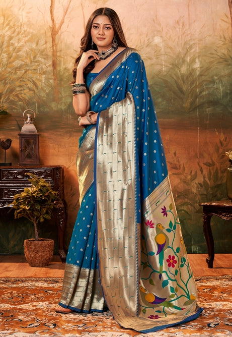 Azure blue Pure Paithani Silk saree