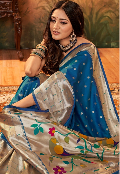 Azure blue Pure Paithani Silk saree