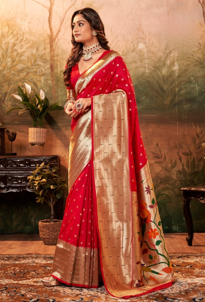 Scarlet red Pure Paithani Silk saree