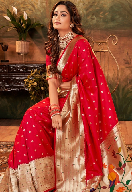 Scarlet red Pure Paithani Silk saree