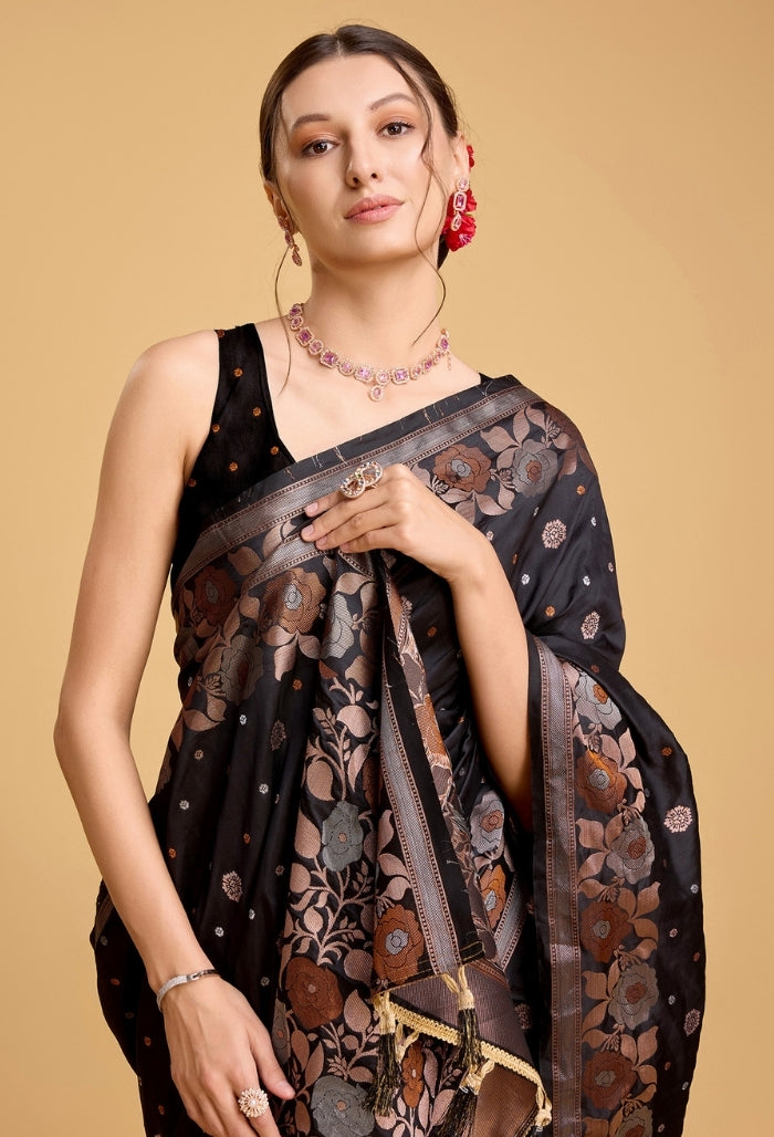 Midnight Black Pure Jacquard Saree