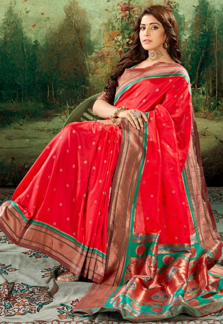 Scarlet Bright Red Soft Peshwai Paithani Silk Saree