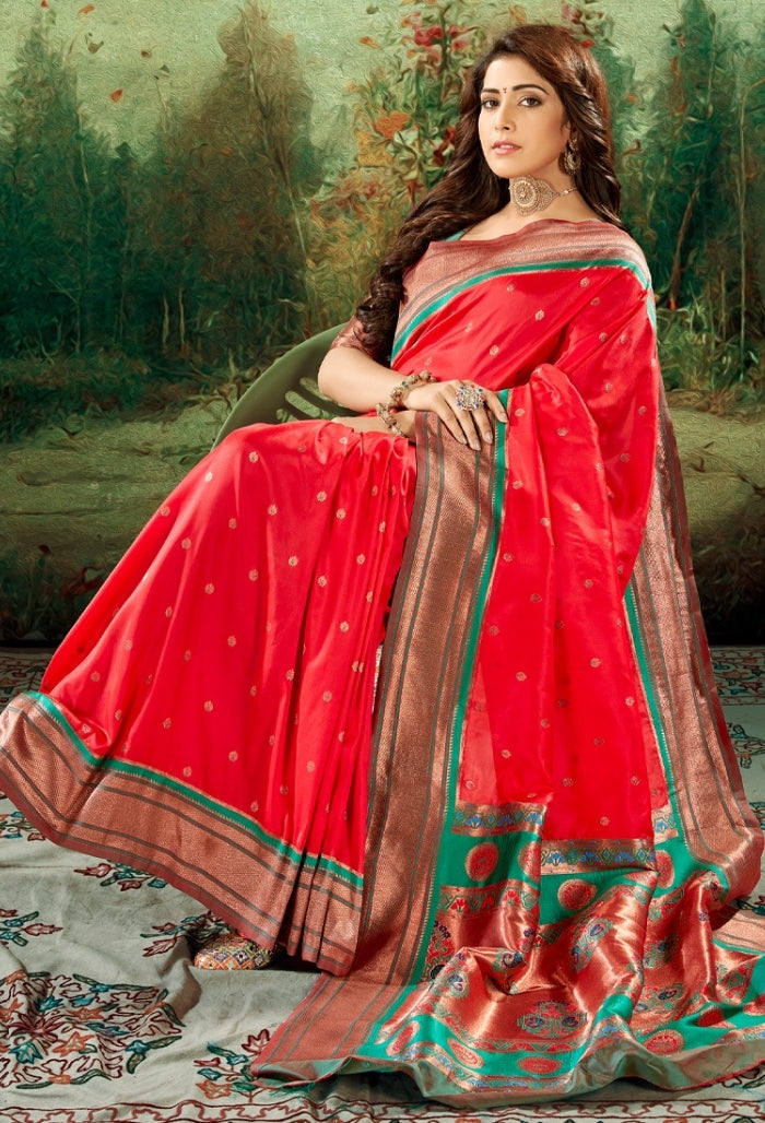 Scarlet Bright Red Soft Peshwai Paithani Silk Saree