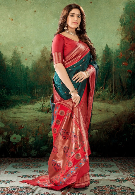 Pine Green Soft Peshwai Paithani Silk Saree