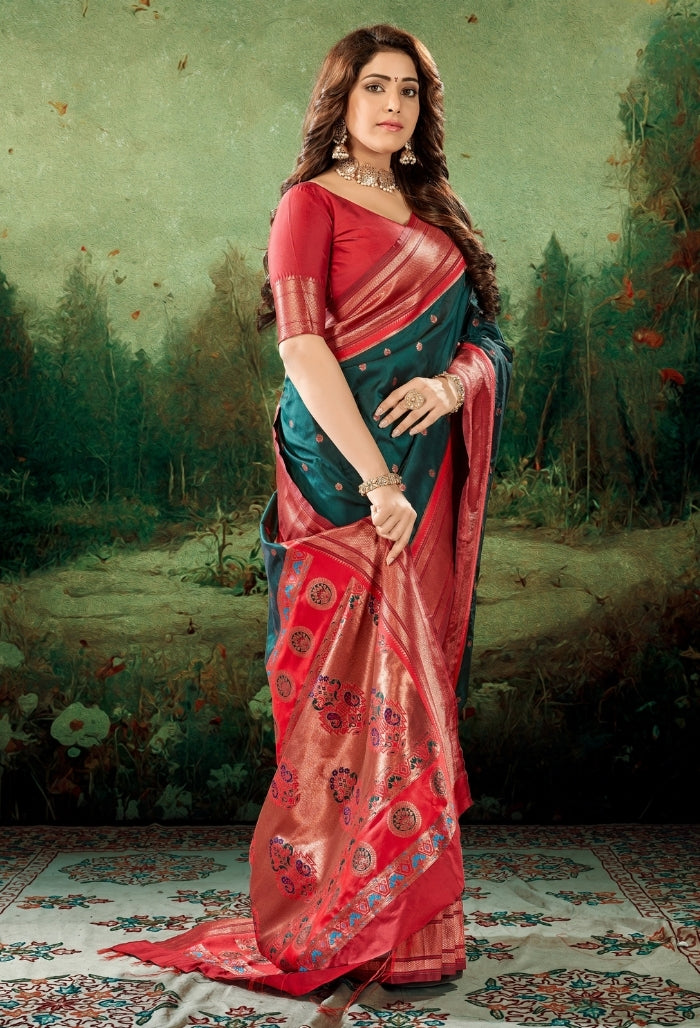 Pine Green Soft Peshwai Paithani Silk Saree