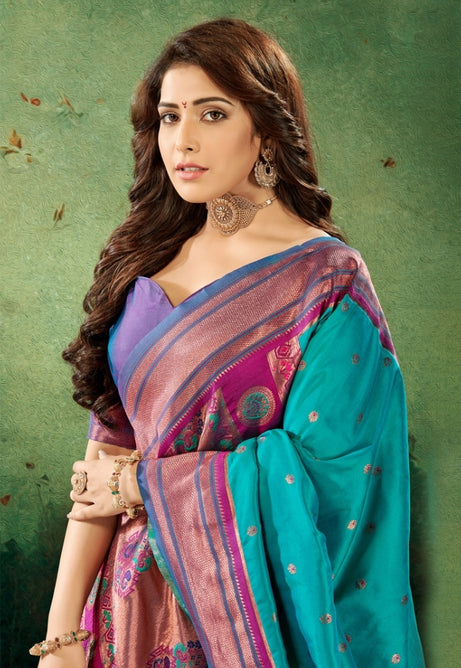 Aqua sea green Soft Peshwai Paithani Silk Saree