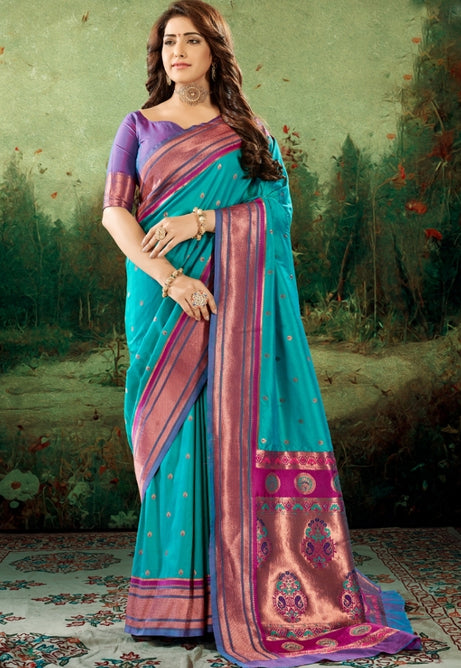 Aqua sea green Soft Peshwai Paithani Silk Saree