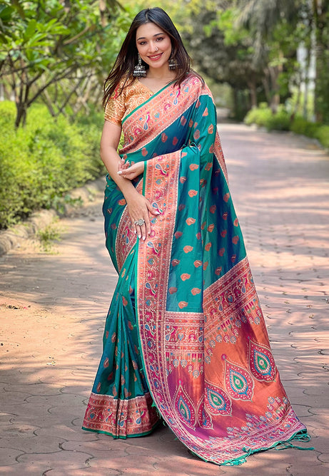 Peacock Teal paithani silk saree