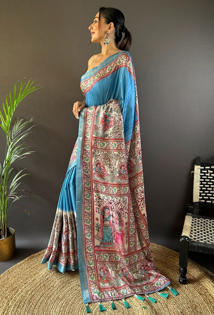 Ocean Blue Tussar Silk Saree