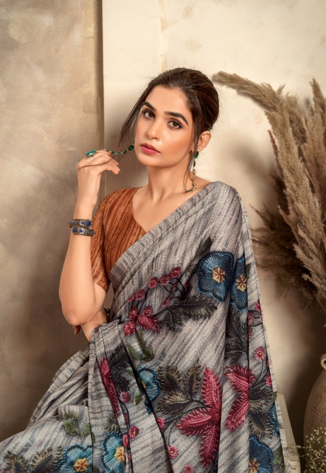 Cloud Grey Pure Sattin Crepe Saree