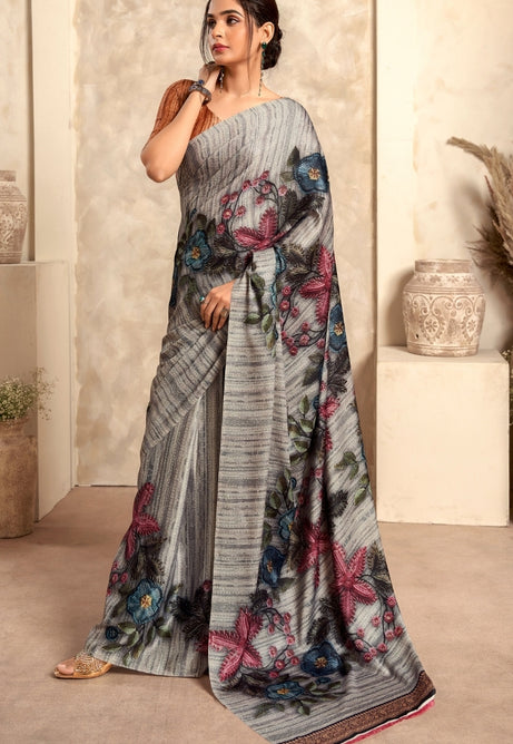 Cloud Grey Pure Sattin Crepe Saree