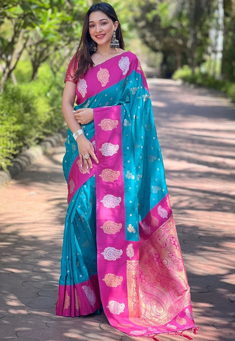 Celestial Sky Blue Paithani Silk Sare