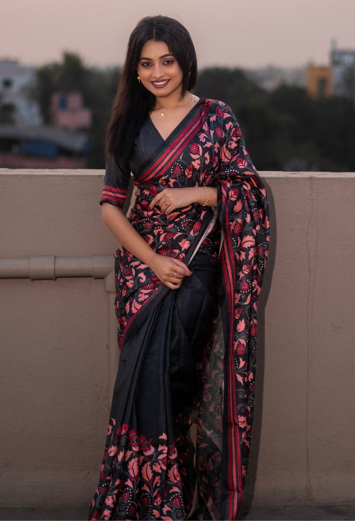Crimson Red and Midnight Black Kolam Silk Saree