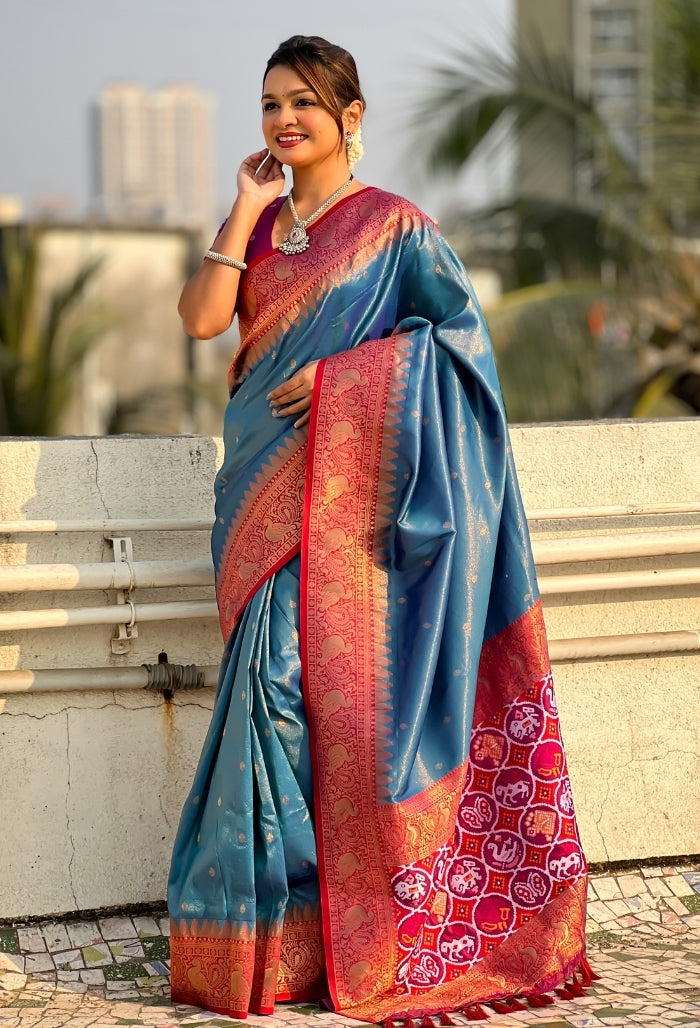 Ocean Blue Pure Tissue Saree