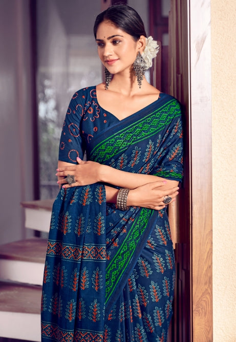 Teal Blue and Mint Green Pure Mulmul Cotton Saree