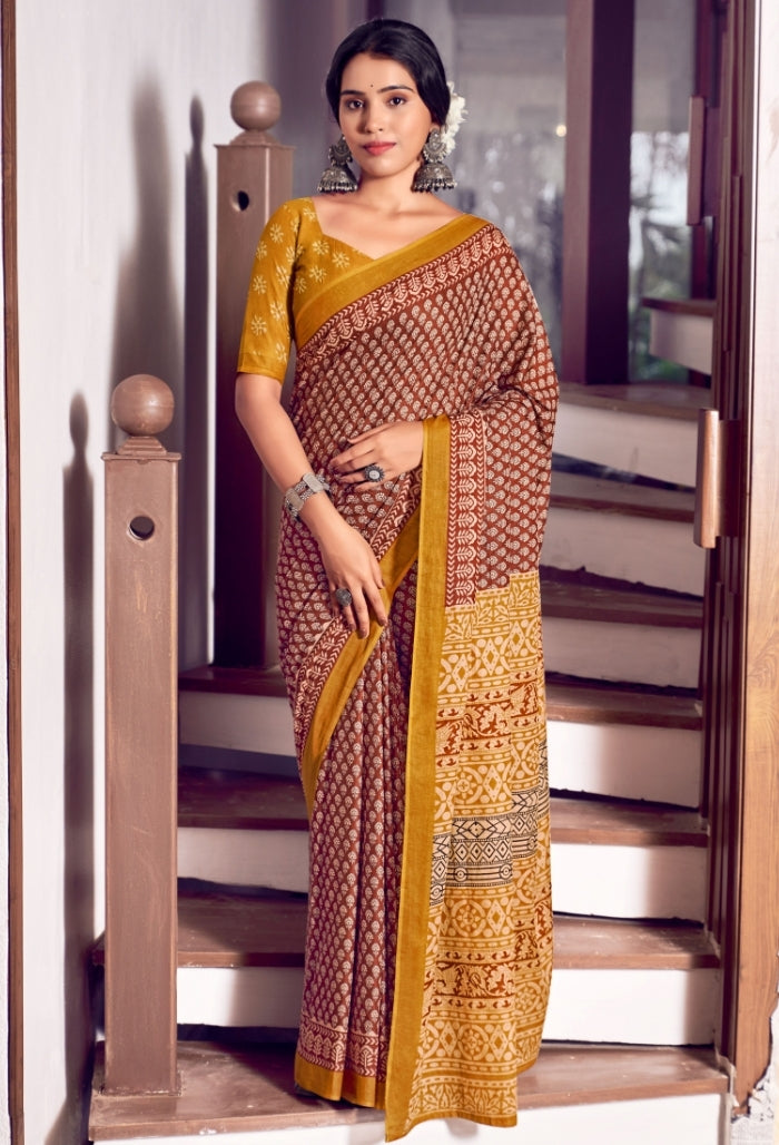 Fiery Red and Golden Yellow Pure Mulmul Cottons Saree