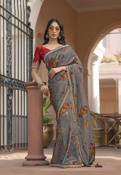 Smoky Pearl Pure Viscose Dola Silk saree