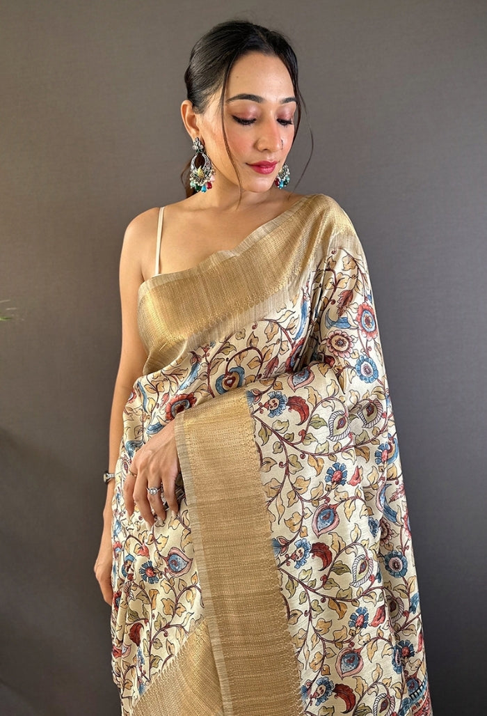 Elegant Cream Tussar Silk Saree