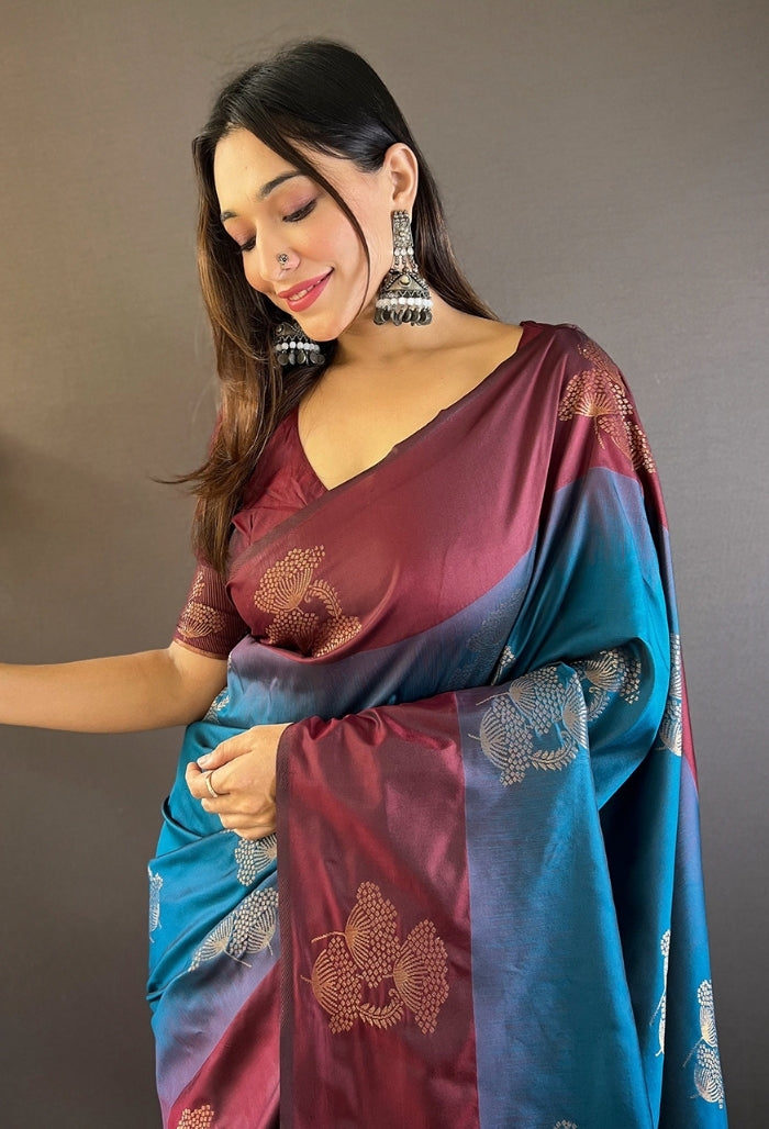 Deep Maroon and Sapphire Blue Soft Silk Saree