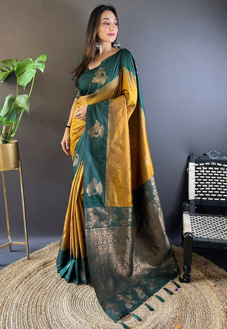 Vibrant Mehandi Green and Sunshine Yellow Soft Silk Saree