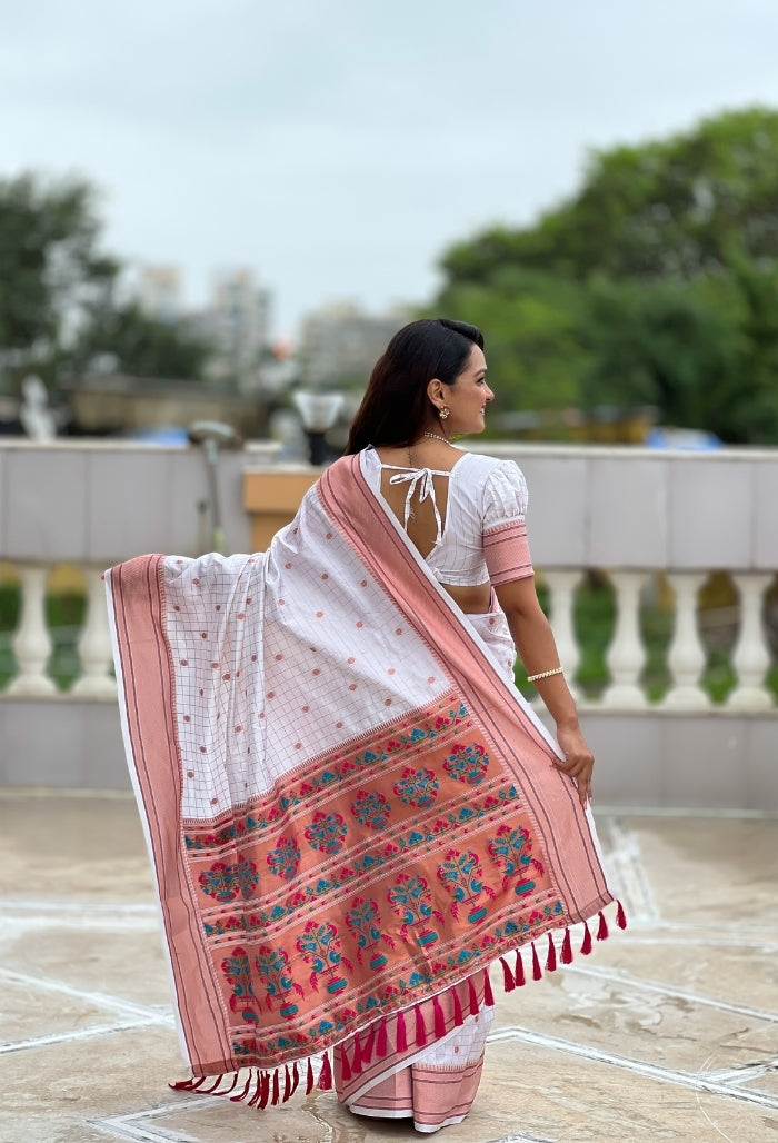 Pure White Paithani Silk Saree