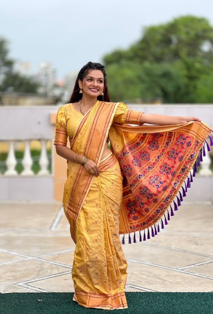 Bright Yellow Paithani Silk Saree