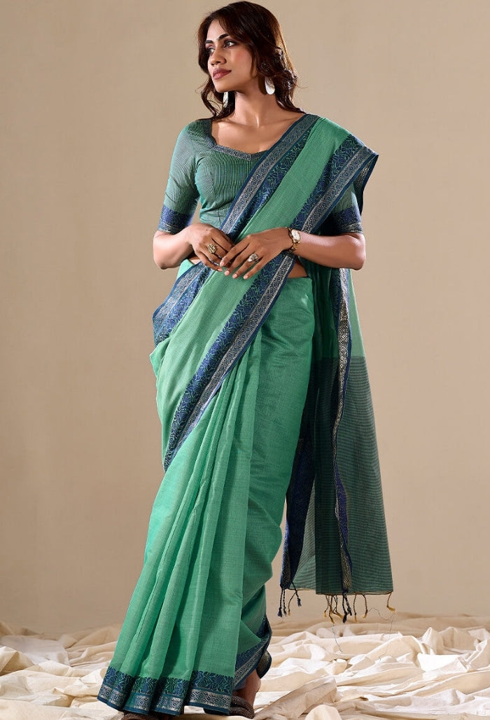 Serene Rama Green Cotton Saree