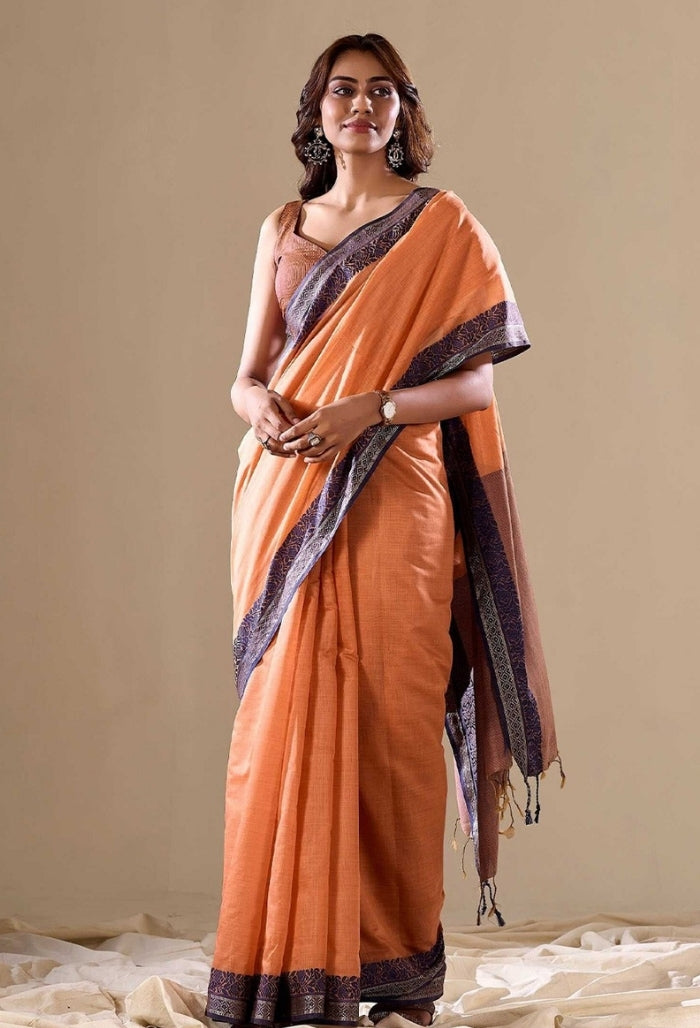 Bright Light Orange Cotton Saree