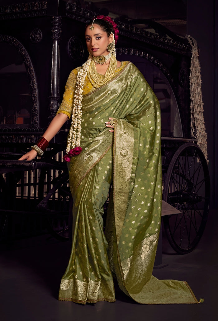 Chic Olive Green Pure Viscose Tissue Saree