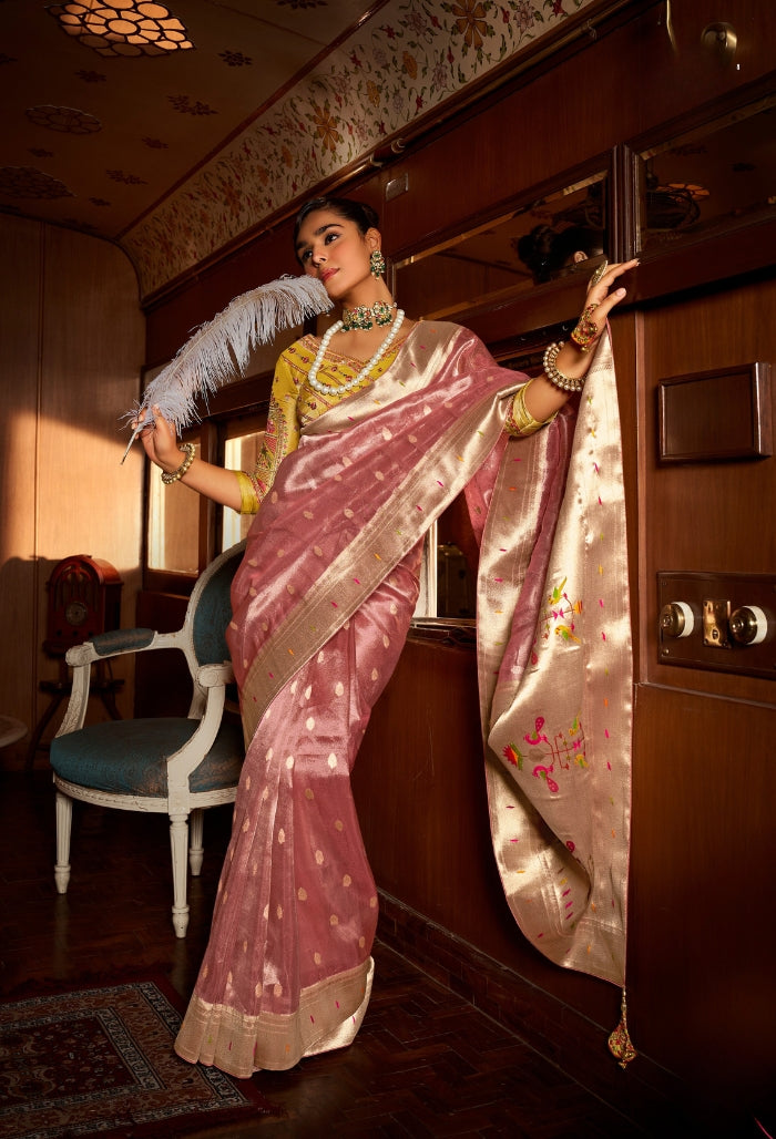 Soft Rose Pink Pure Tissue Paithani Saree