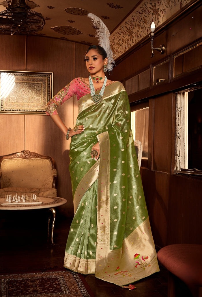 Olive Green Pure Tissue Paithani Saree