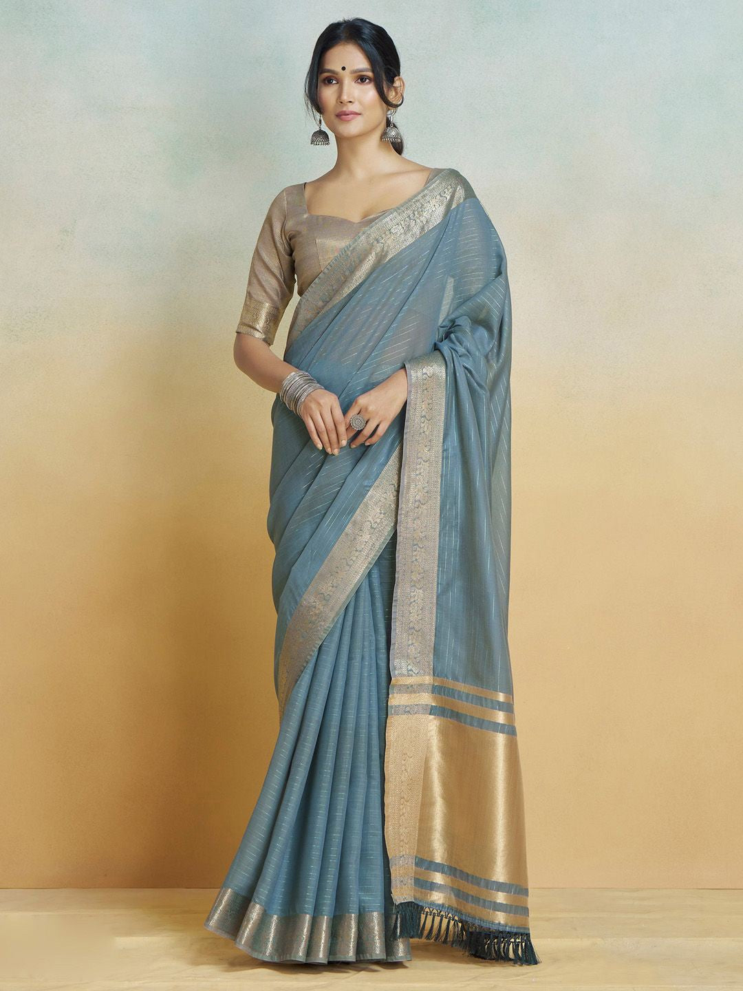 Serene Blue Grey Silk Saree