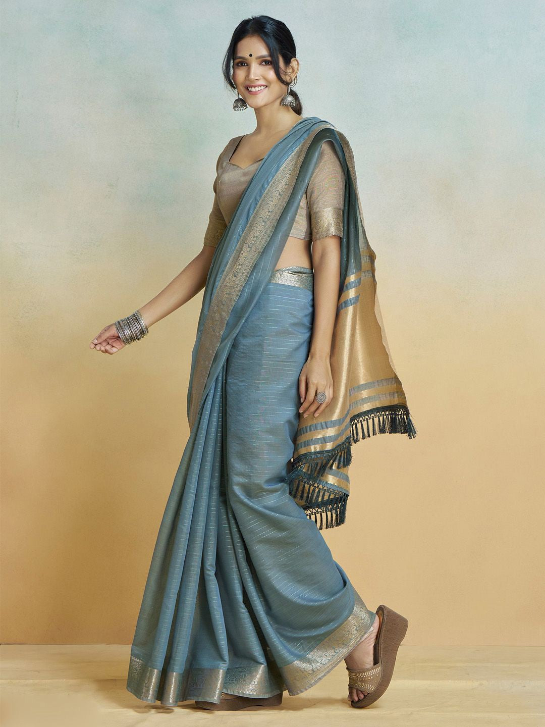 Serene Blue Grey Silk Saree