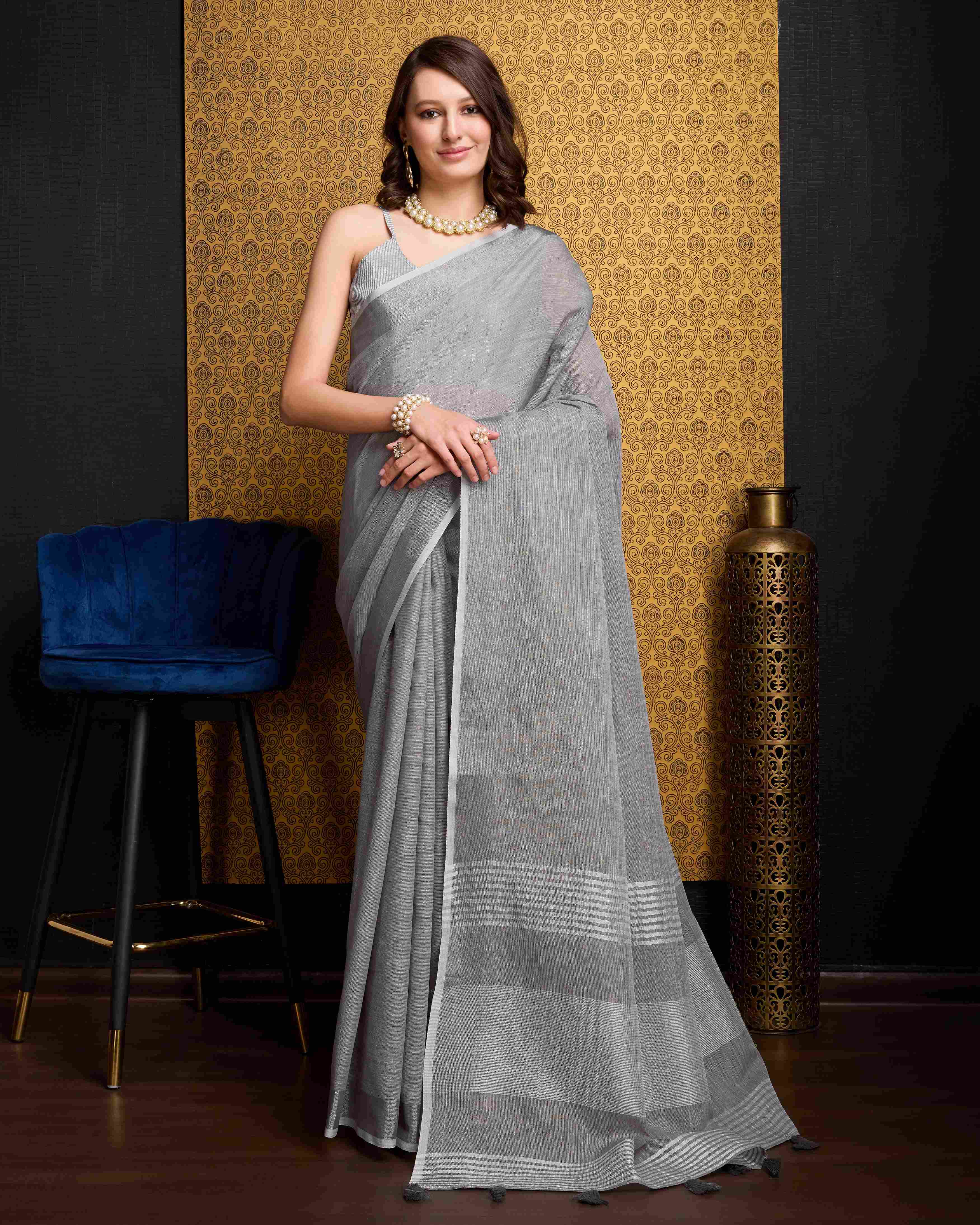 Sophisticated Grey Linen Saree