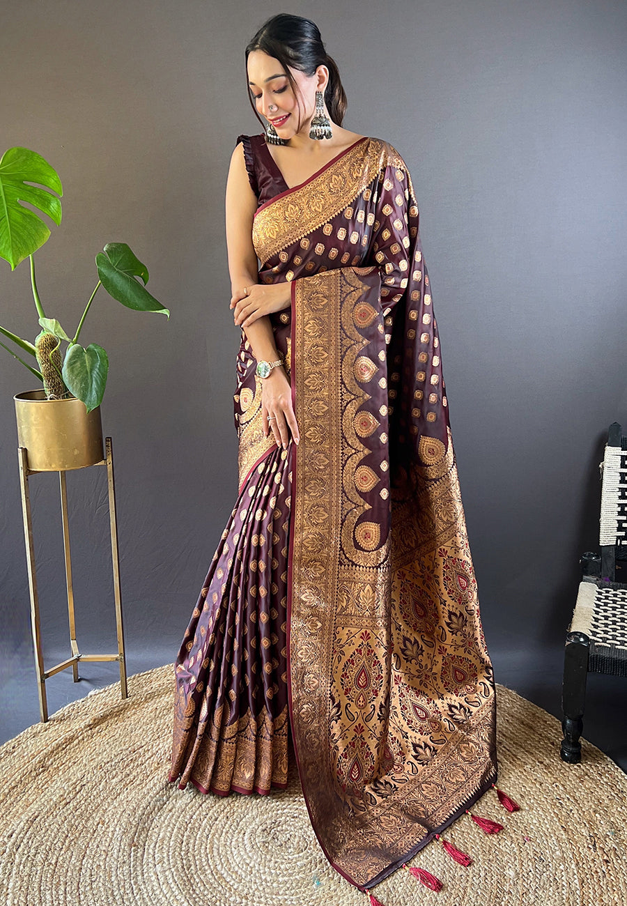 Luxurious Maroon Banarasi Katan Silk Saree
